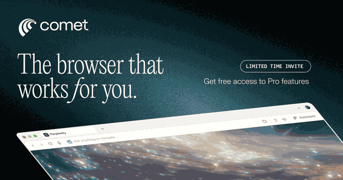 Enjoy 1 Month of Perplexity AI Pro 🚀 How to Claim Your Free Access: 1️⃣ Join using the special link : https://pplx.ai/techvictor86076 2️⃣ Download Comet and sign into your account 3️⃣ Ask at least one question using Comet ✨ Done! Your account will be instantly upgraded to Perplexity Pro